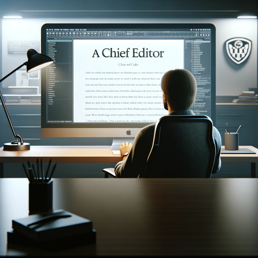 DALL·E 2024 03 06 21.12.22 A Scene Focused On A Chief Editor Of A Car Club, Captured In The Midst Of Their Work Within A Minimalist, Well Lit Office. The Editor Is Intently Focu